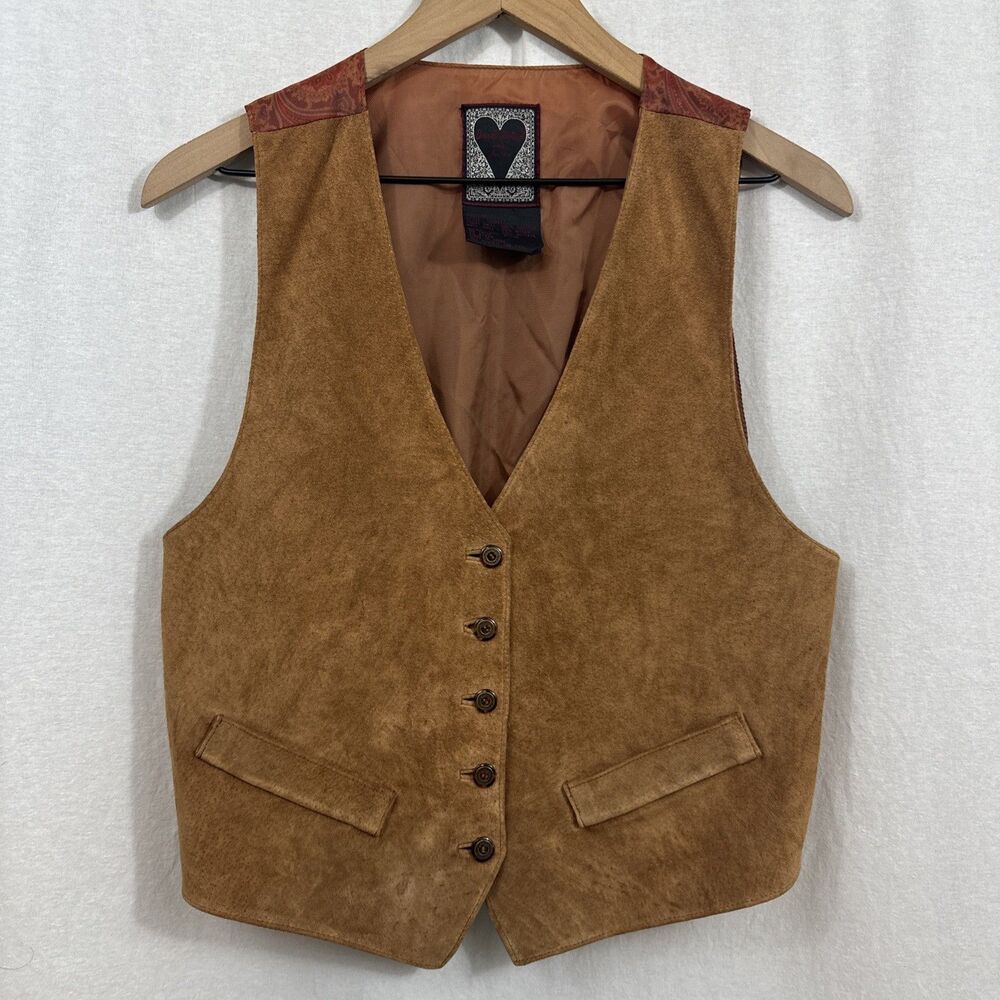 Dual Control Tan Leather Vest Paisley Print Back Womens M Western Festival Boho